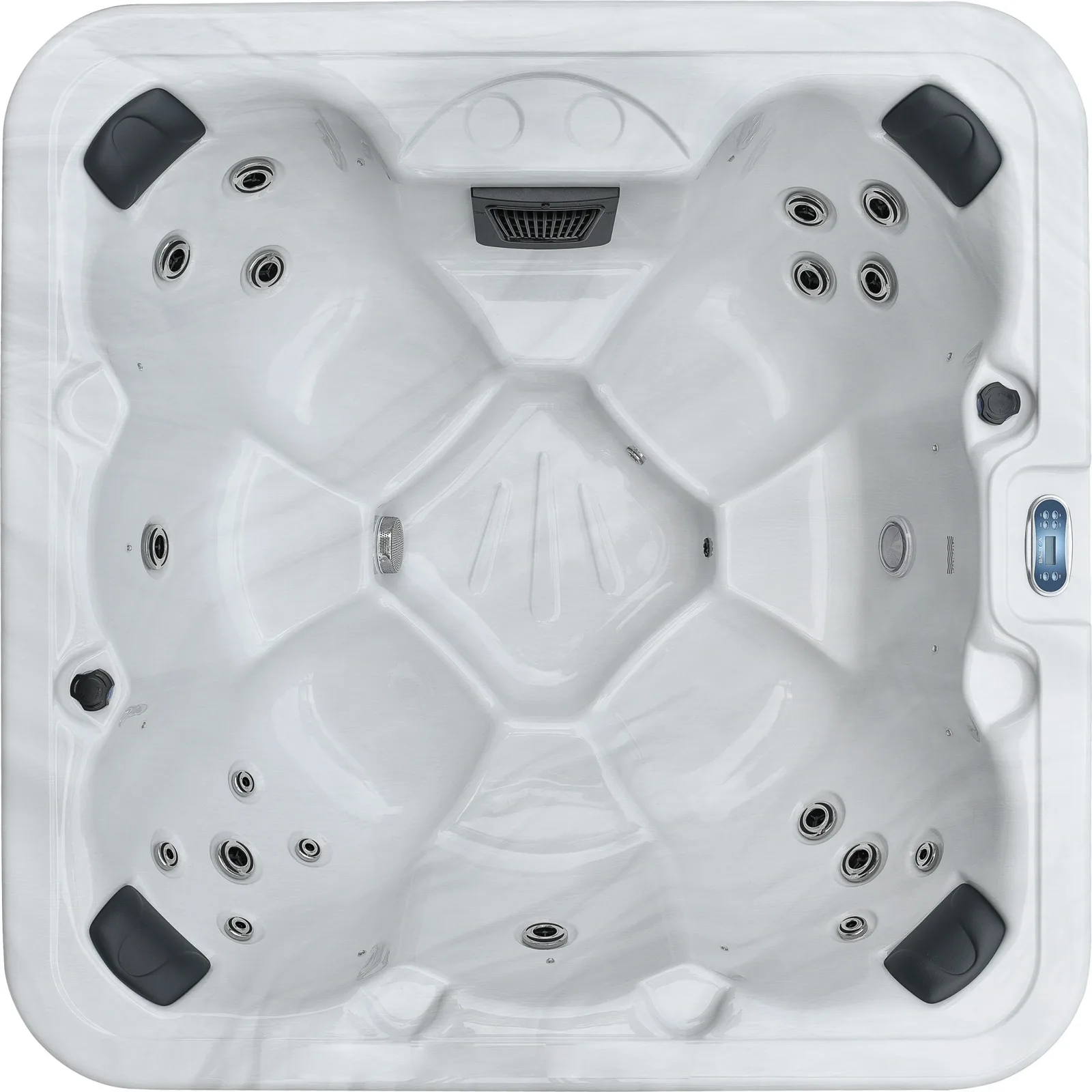 Overhead view of the Capri plug n' play hot tub shell with seven seats