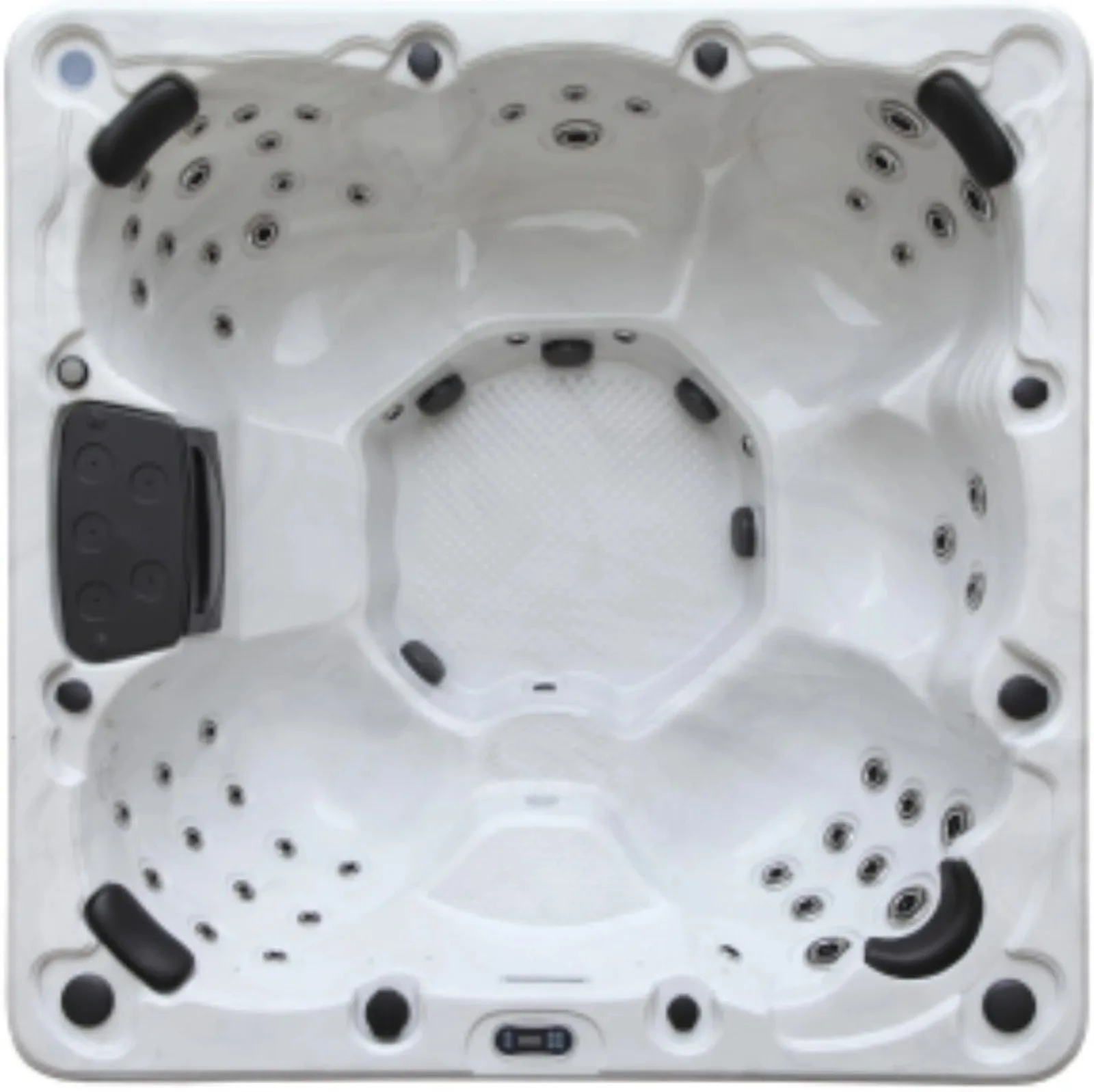 Overhead view of the Monaco hot tub shell with eight seats and 56 jets