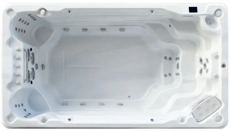 Overhead view of the 14ft San Fran swim spa shell showing the swim lane and seating